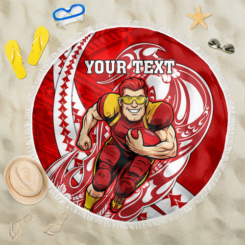 Personalized Gold Coast Suns Beach Blanket Polynesian Tribal Sun Mascot With Hibiscus Floral Art