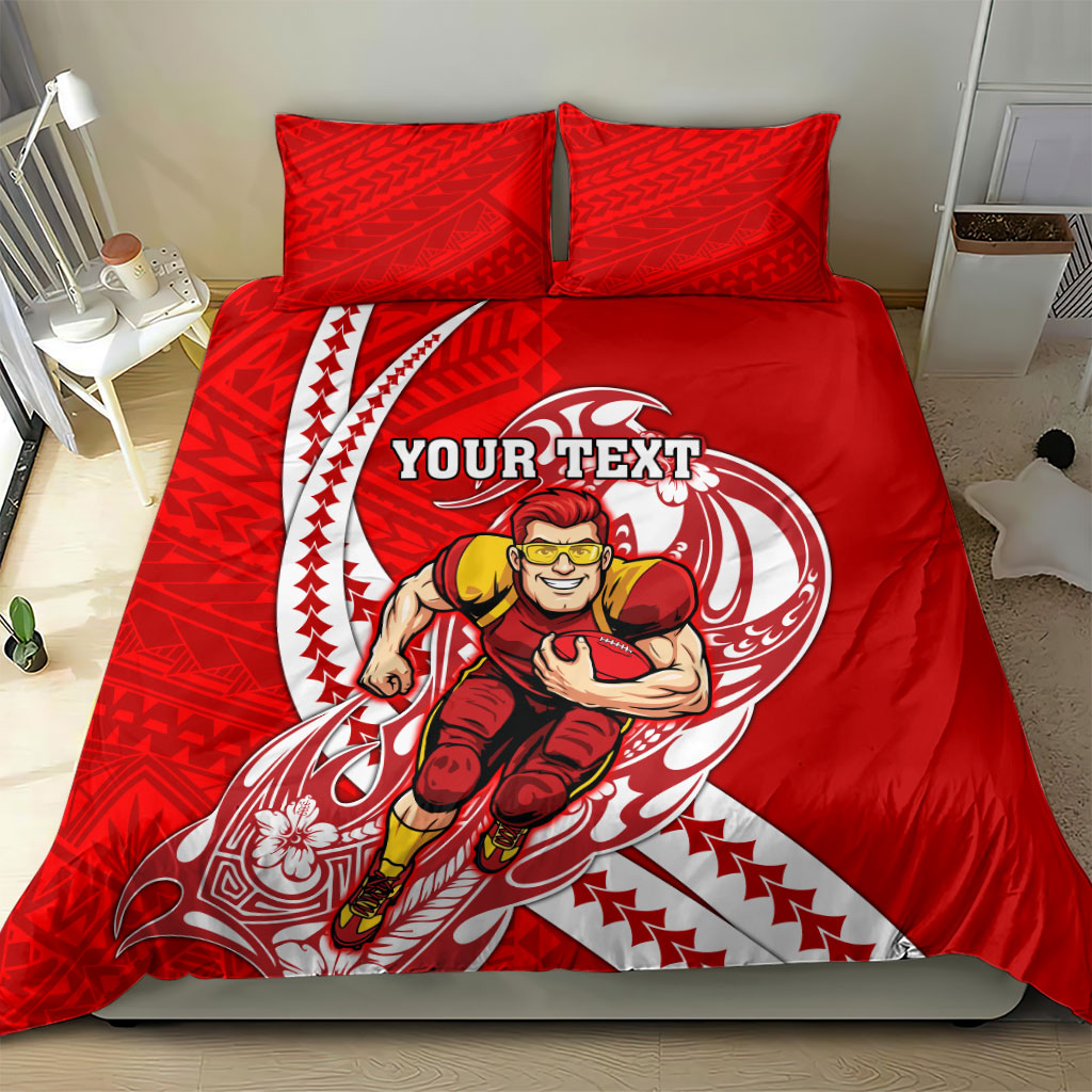 Personalized Gold Coast Suns Bedding Set Polynesian Tribal Sun Mascot With Hibiscus Floral Art