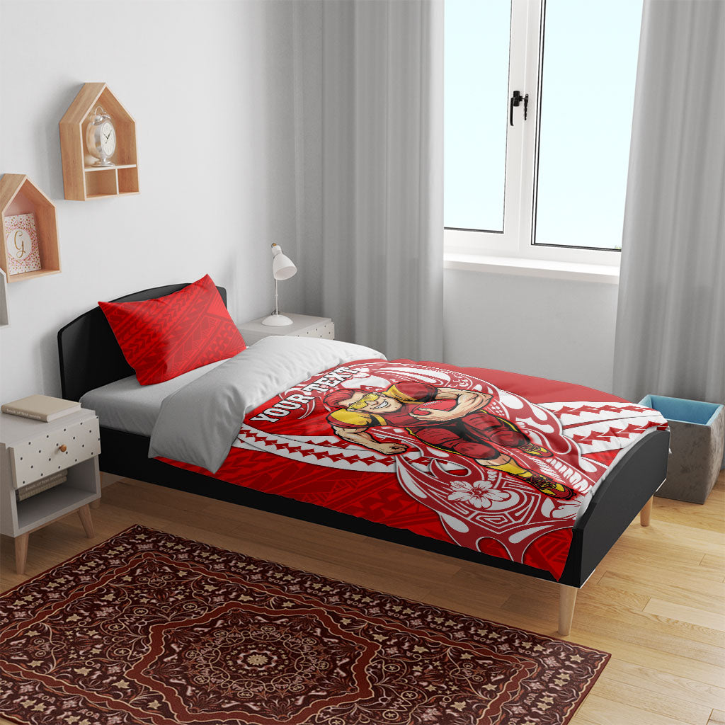 Personalized Gold Coast Suns Bedding Set Polynesian Tribal Sun Mascot With Hibiscus Floral Art