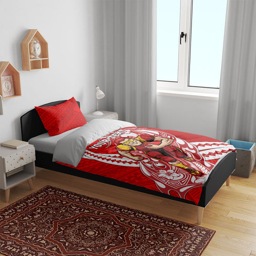 Personalized Gold Coast Suns Bedding Set Polynesian Tribal Sun Mascot With Hibiscus Floral Art