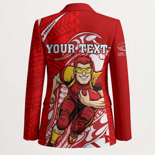 Personalized Gold Coast Suns Blazer Polynesian Tribal Sun Mascot With Hibiscus Floral Art