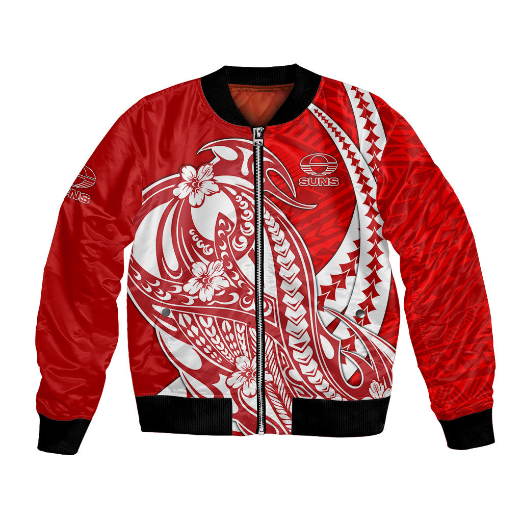 Personalized Gold Coast Suns Bomber Jacket Polynesian Tribal Sun Mascot With Hibiscus Floral Art