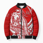 Personalized Gold Coast Suns Bomber Puffer Jacket Polynesian Tribal Sun Mascot With Hibiscus Floral Art