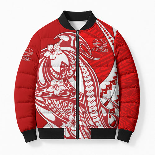 Personalized Gold Coast Suns Bomber Puffer Jacket Polynesian Tribal Sun Mascot With Hibiscus Floral Art