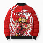 Personalized Gold Coast Suns Bomber Puffer Jacket Polynesian Tribal Sun Mascot With Hibiscus Floral Art