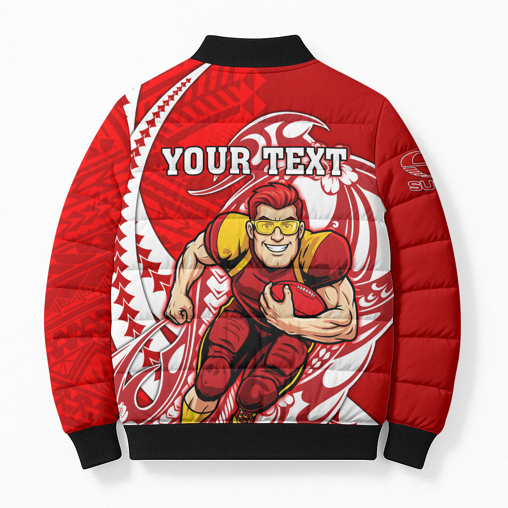 Personalized Gold Coast Suns Bomber Puffer Jacket Polynesian Tribal Sun Mascot With Hibiscus Floral Art