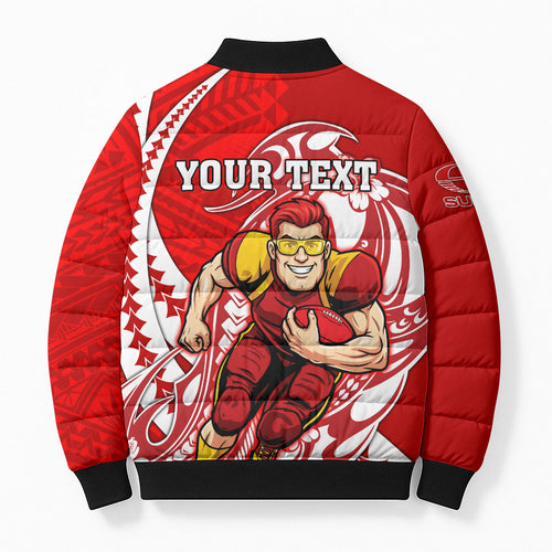 Personalized Gold Coast Suns Bomber Puffer Jacket Polynesian Tribal Sun Mascot With Hibiscus Floral Art
