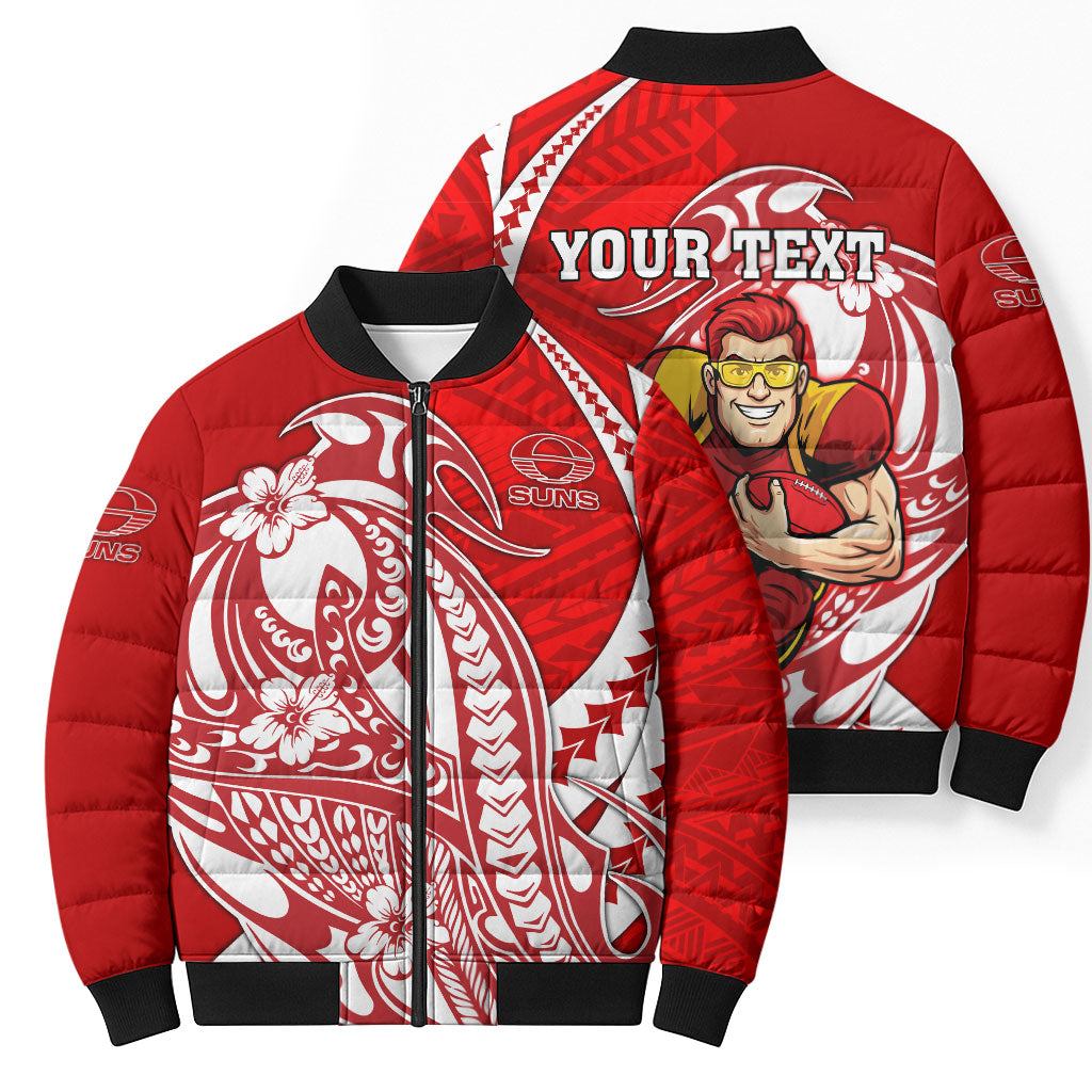 Personalized Gold Coast Suns Bomber Puffer Jacket Polynesian Tribal Sun Mascot With Hibiscus Floral Art