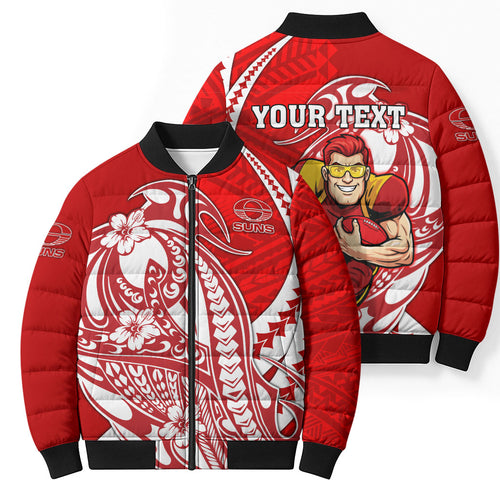 Personalized Gold Coast Suns Bomber Puffer Jacket Polynesian Tribal Sun Mascot With Hibiscus Floral Art
