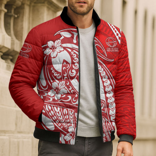 Personalized Gold Coast Suns Bomber Puffer Jacket Polynesian Tribal Sun Mascot With Hibiscus Floral Art
