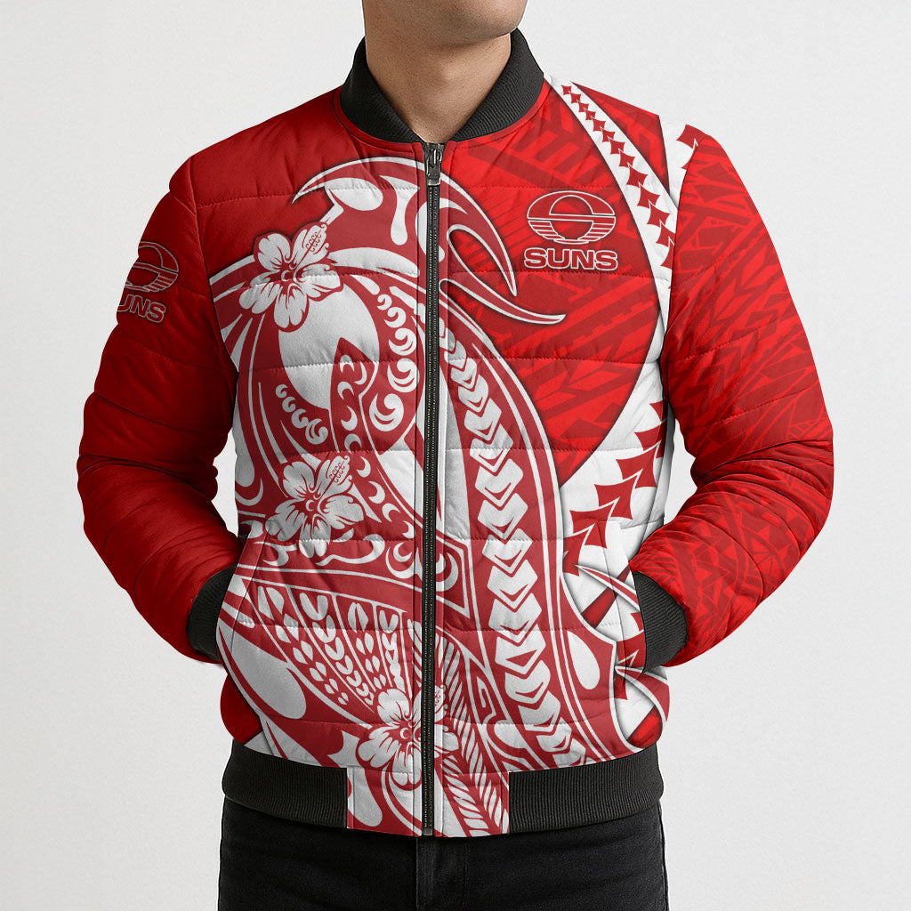 Personalized Gold Coast Suns Bomber Puffer Jacket Polynesian Tribal Sun Mascot With Hibiscus Floral Art