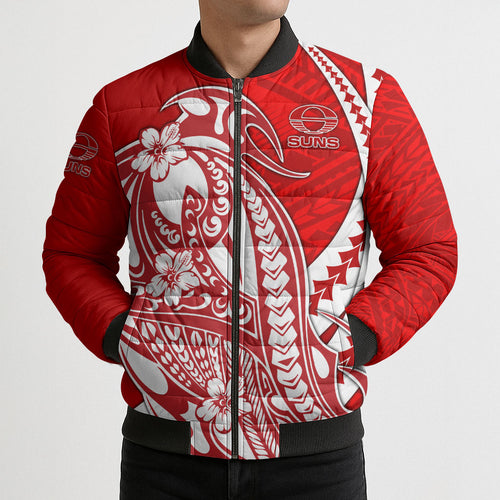 Personalized Gold Coast Suns Bomber Puffer Jacket Polynesian Tribal Sun Mascot With Hibiscus Floral Art