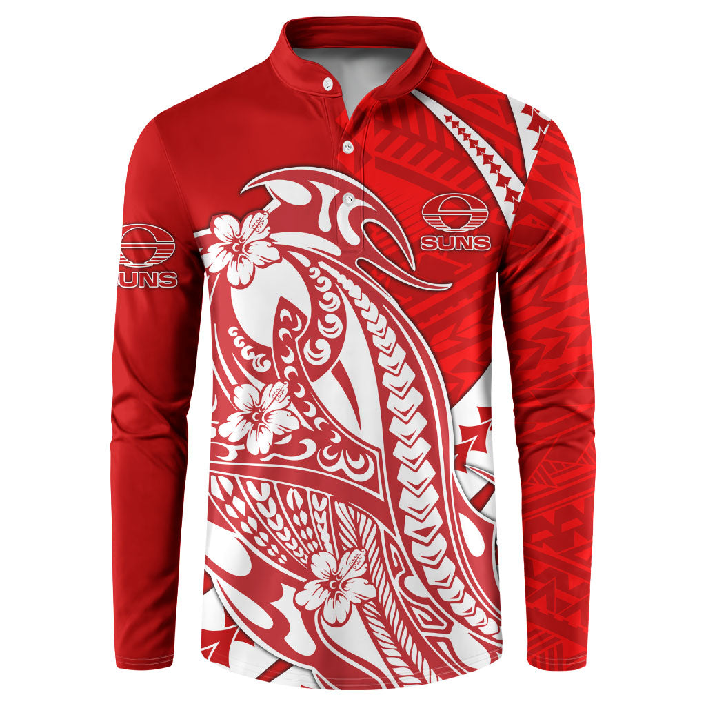 Personalized Gold Coast Suns Button Sweatshirt Polynesian Tribal Sun Mascot With Hibiscus Floral Art