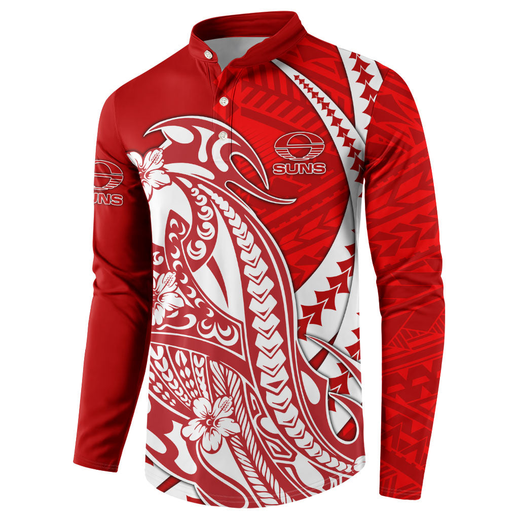 Personalized Gold Coast Suns Button Sweatshirt Polynesian Tribal Sun Mascot With Hibiscus Floral Art