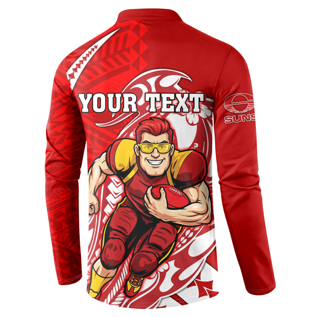 Personalized Gold Coast Suns Button Sweatshirt Polynesian Tribal Sun Mascot With Hibiscus Floral Art