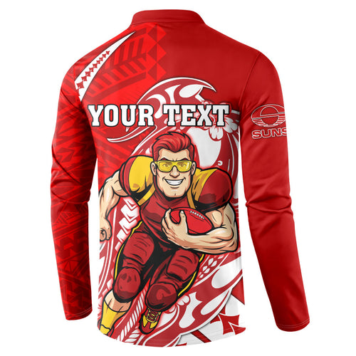 Personalized Gold Coast Suns Button Sweatshirt Polynesian Tribal Sun Mascot With Hibiscus Floral Art