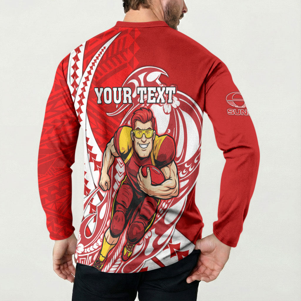 Personalized Gold Coast Suns Button Sweatshirt Polynesian Tribal Sun Mascot With Hibiscus Floral Art