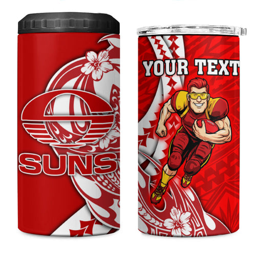 Personalized Gold Coast Suns 4 in 1 Can Cooler Tumbler Polynesian Tribal Sun Mascot With Hibiscus Floral Art