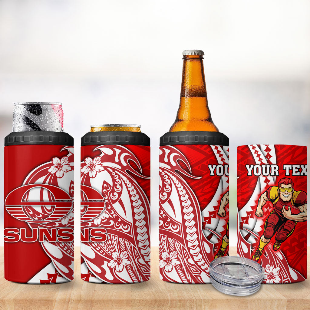 Personalized Gold Coast Suns 4 in 1 Can Cooler Tumbler Polynesian Tribal Sun Mascot With Hibiscus Floral Art