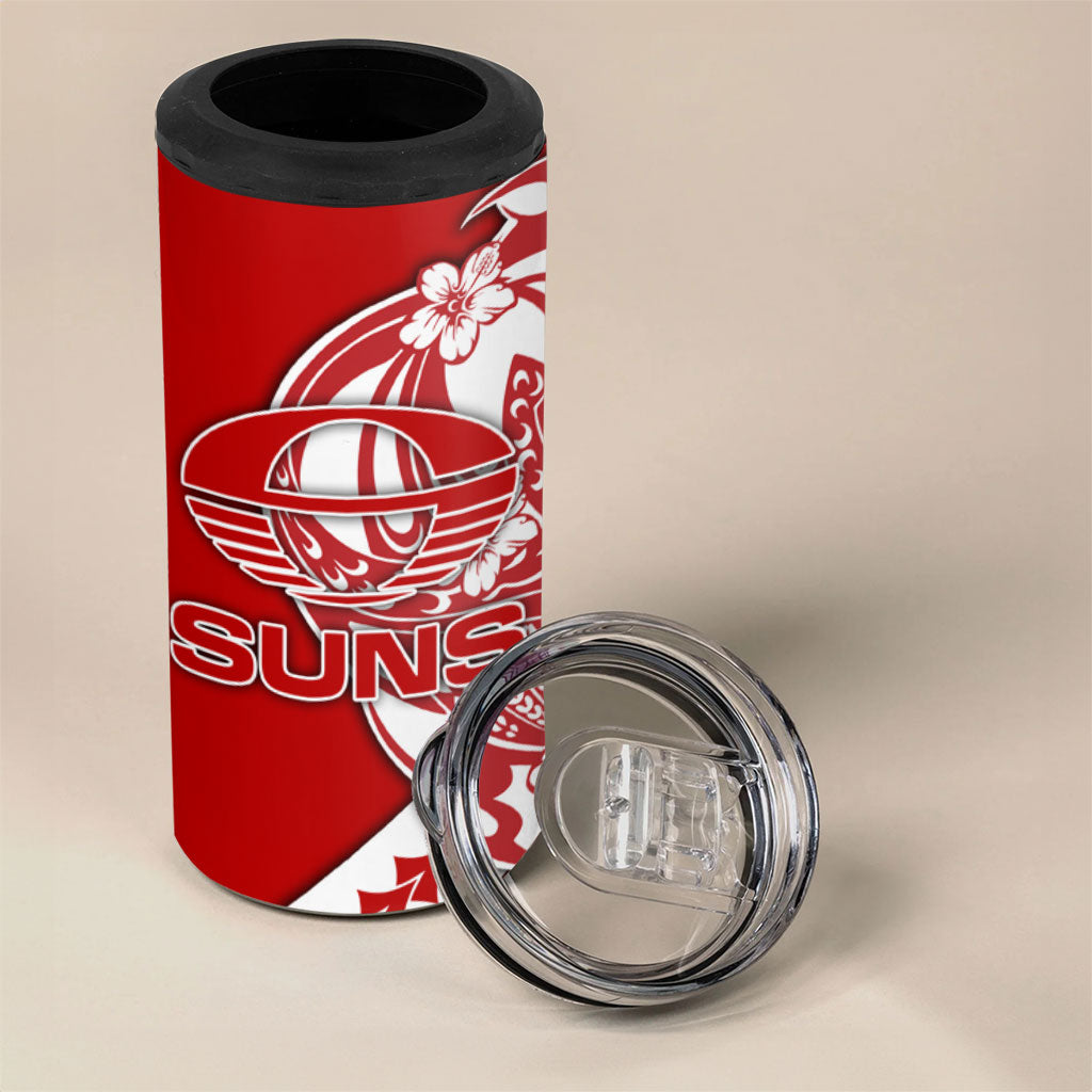 Personalized Gold Coast Suns 4 in 1 Can Cooler Tumbler Polynesian Tribal Sun Mascot With Hibiscus Floral Art
