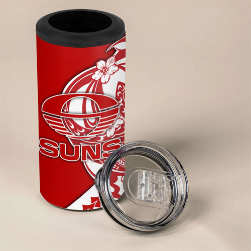 Personalized Gold Coast Suns 4 in 1 Can Cooler Tumbler Polynesian Tribal Sun Mascot With Hibiscus Floral Art