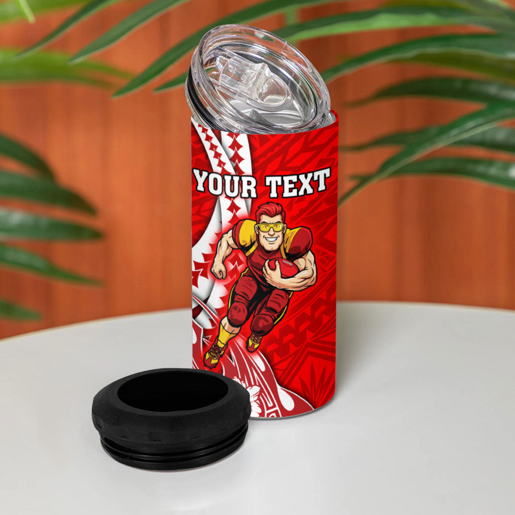 Personalized Gold Coast Suns 4 in 1 Can Cooler Tumbler Polynesian Tribal Sun Mascot With Hibiscus Floral Art