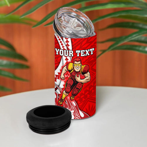 Personalized Gold Coast Suns 4 in 1 Can Cooler Tumbler Polynesian Tribal Sun Mascot With Hibiscus Floral Art