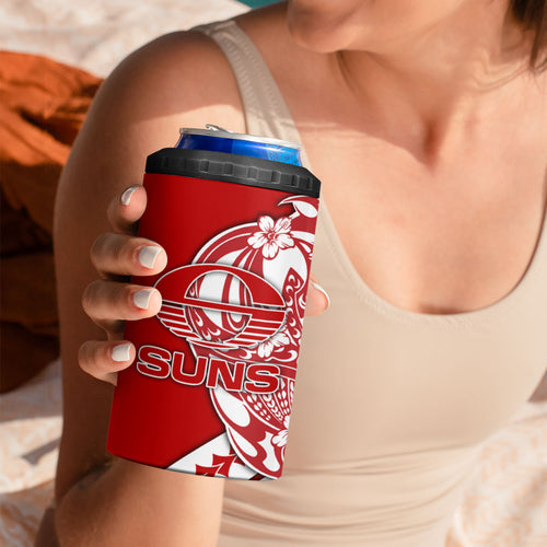 Personalized Gold Coast Suns 4 in 1 Can Cooler Tumbler Polynesian Tribal Sun Mascot With Hibiscus Floral Art
