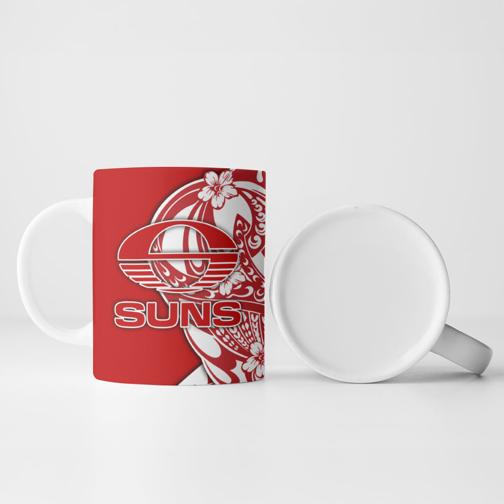 Personalized Gold Coast Suns Ceramic Mug Polynesian Tribal Sun Mascot With Hibiscus Floral Art