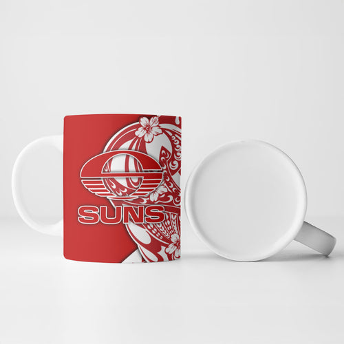 Personalized Gold Coast Suns Ceramic Mug Polynesian Tribal Sun Mascot With Hibiscus Floral Art