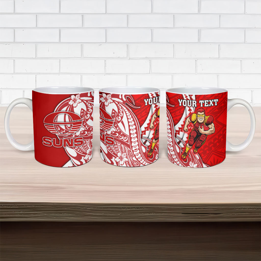 Personalized Gold Coast Suns Ceramic Mug Polynesian Tribal Sun Mascot With Hibiscus Floral Art