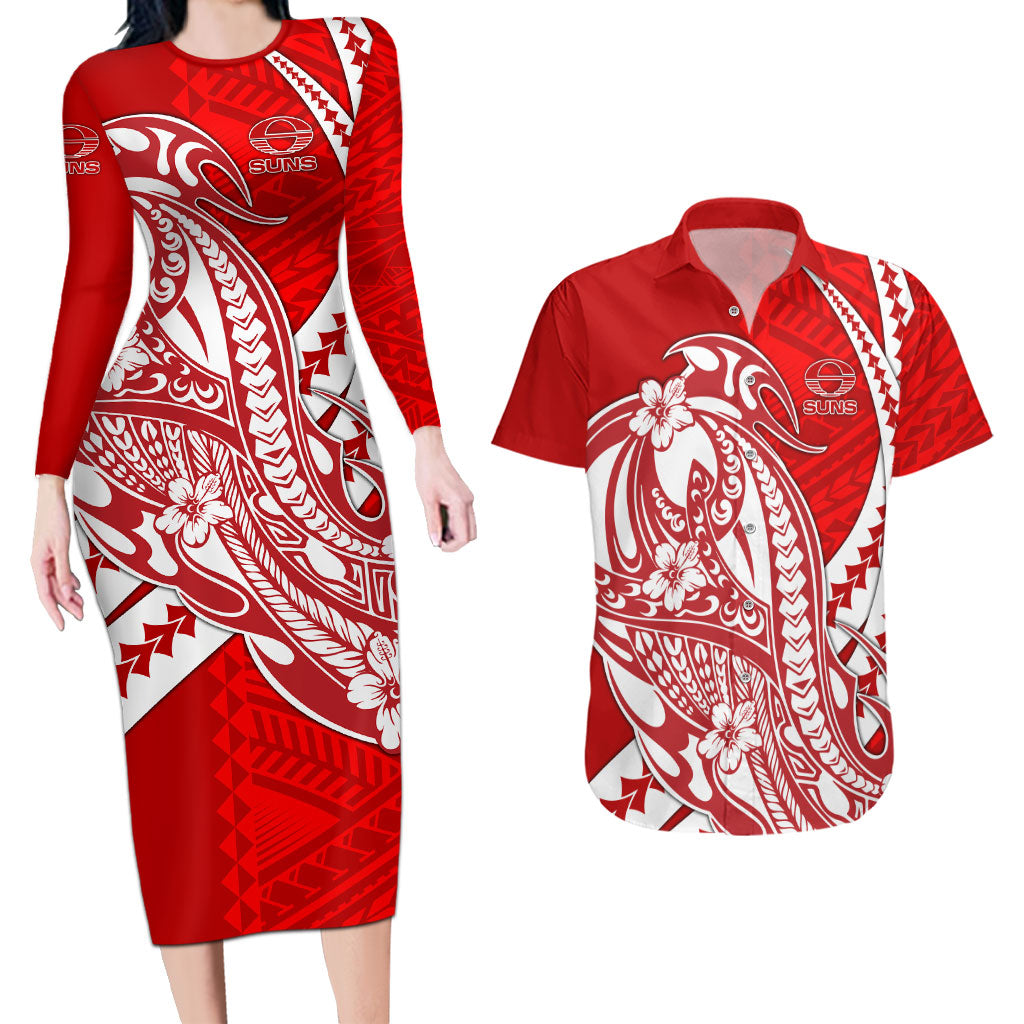 Personalized Gold Coast Suns Couples Matching Long Sleeve Bodycon Dress and Hawaiian Shirt Polynesian Tribal Sun Mascot With Hibiscus Floral Art