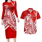 Personalized Gold Coast Suns Couples Matching Long Sleeve Bodycon Dress and Hawaiian Shirt Polynesian Tribal Sun Mascot With Hibiscus Floral Art