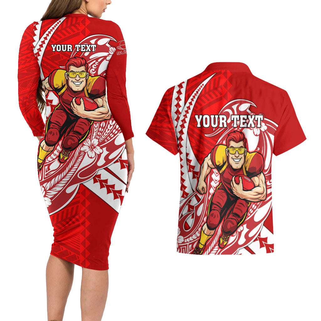 Personalized Gold Coast Suns Couples Matching Long Sleeve Bodycon Dress and Hawaiian Shirt Polynesian Tribal Sun Mascot With Hibiscus Floral Art