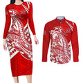 Personalized Gold Coast Suns Couples Matching Long Sleeve Bodycon Dress and Long Sleeve Button Shirt Polynesian Tribal Sun Mascot With Hibiscus Floral Art