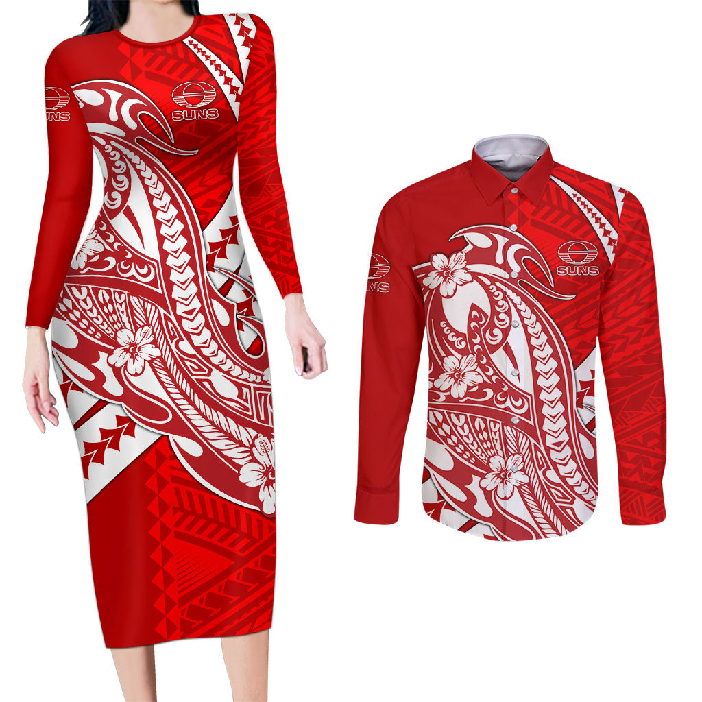 Personalized Gold Coast Suns Couples Matching Long Sleeve Bodycon Dress and Long Sleeve Button Shirt Polynesian Tribal Sun Mascot With Hibiscus Floral Art