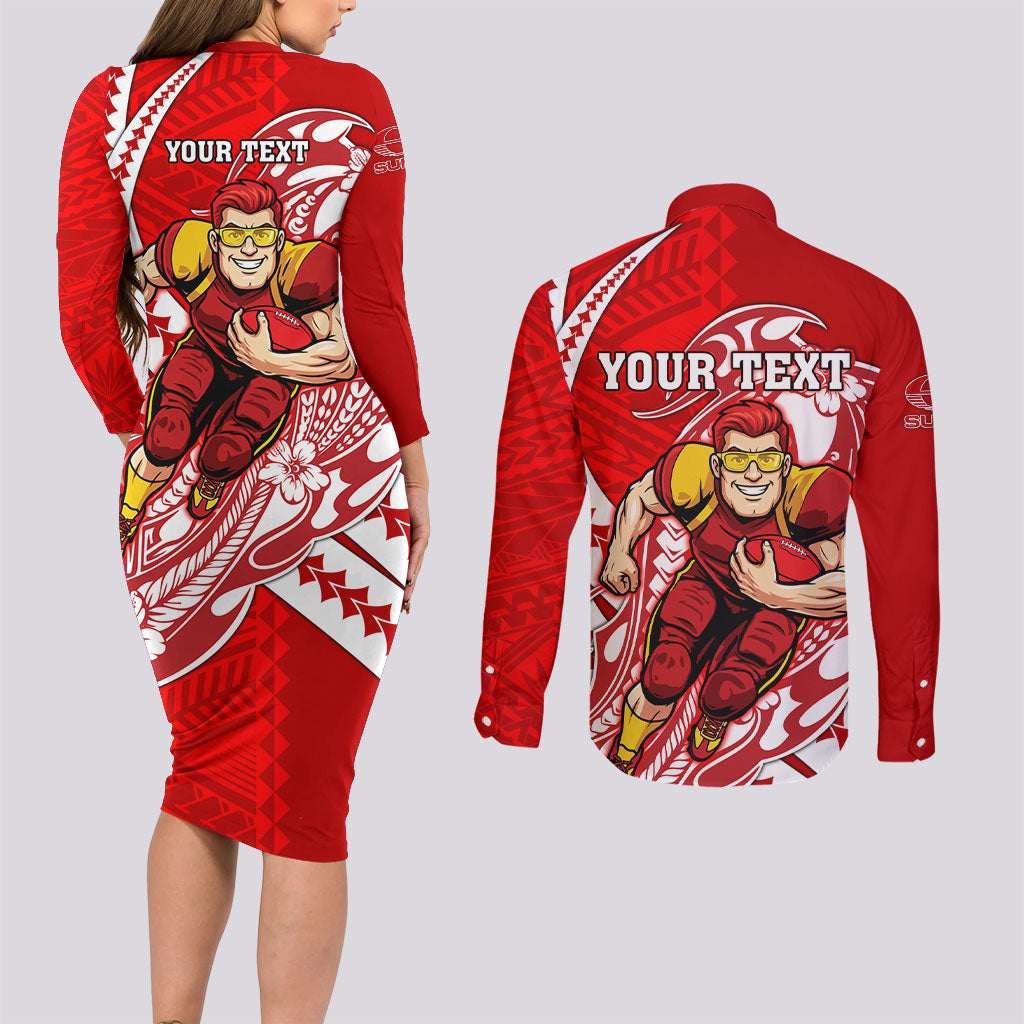 Personalized Gold Coast Suns Couples Matching Long Sleeve Bodycon Dress and Long Sleeve Button Shirt Polynesian Tribal Sun Mascot With Hibiscus Floral Art