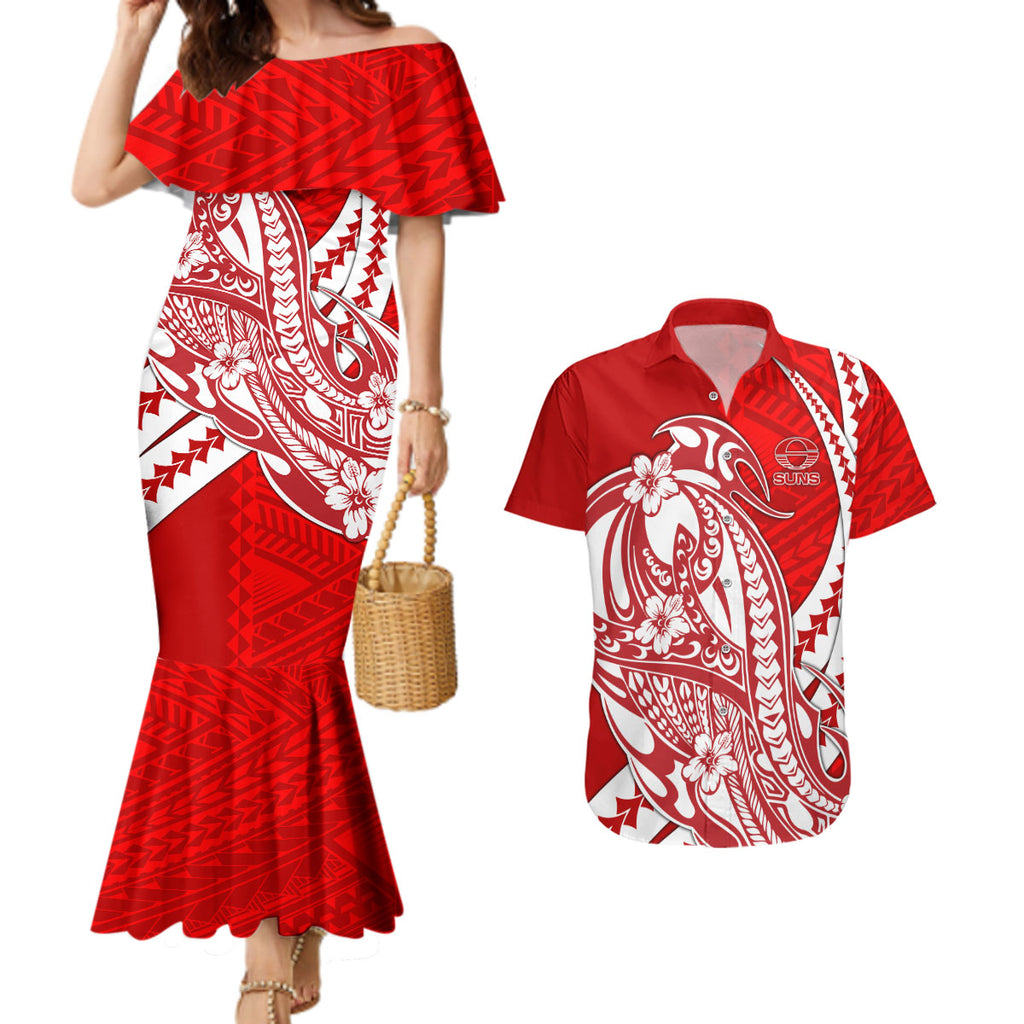 Personalized Gold Coast Suns Couples Matching Mermaid Dress and Hawaiian Shirt Polynesian Tribal Sun Mascot With Hibiscus Floral Art