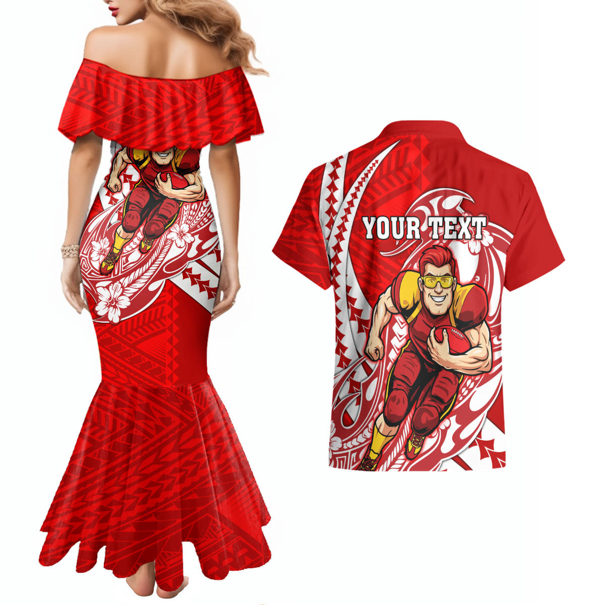 Personalized Gold Coast Suns Couples Matching Mermaid Dress and Hawaiian Shirt Polynesian Tribal Sun Mascot With Hibiscus Floral Art