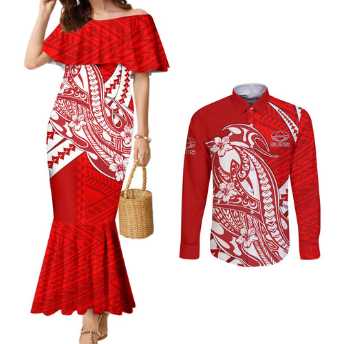 Personalized Gold Coast Suns Couples Matching Mermaid Dress and Long Sleeve Button Shirt Polynesian Tribal Sun Mascot With Hibiscus Floral Art