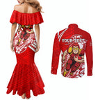 Personalized Gold Coast Suns Couples Matching Mermaid Dress and Long Sleeve Button Shirt Polynesian Tribal Sun Mascot With Hibiscus Floral Art