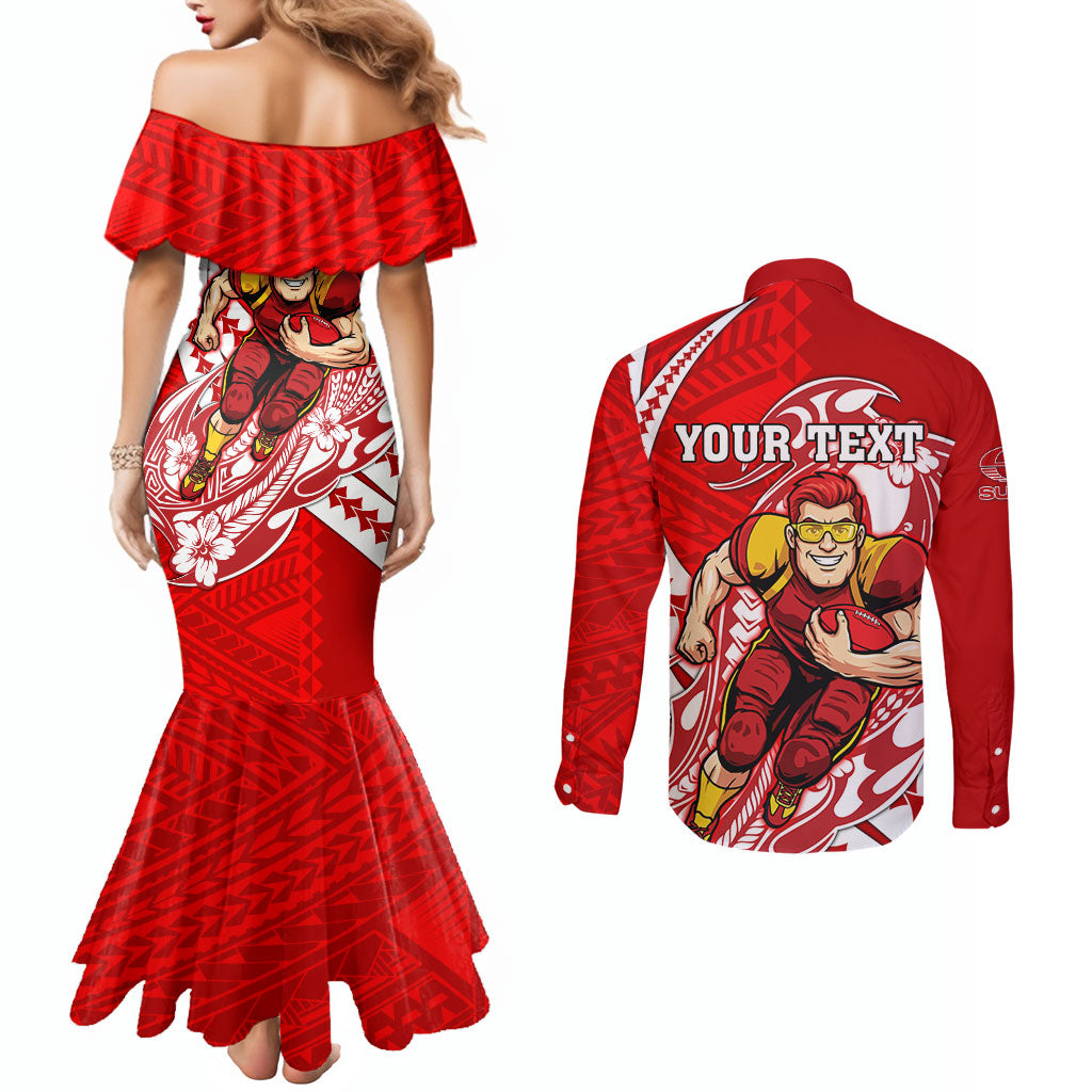 Personalized Gold Coast Suns Couples Matching Mermaid Dress and Long Sleeve Button Shirt Polynesian Tribal Sun Mascot With Hibiscus Floral Art