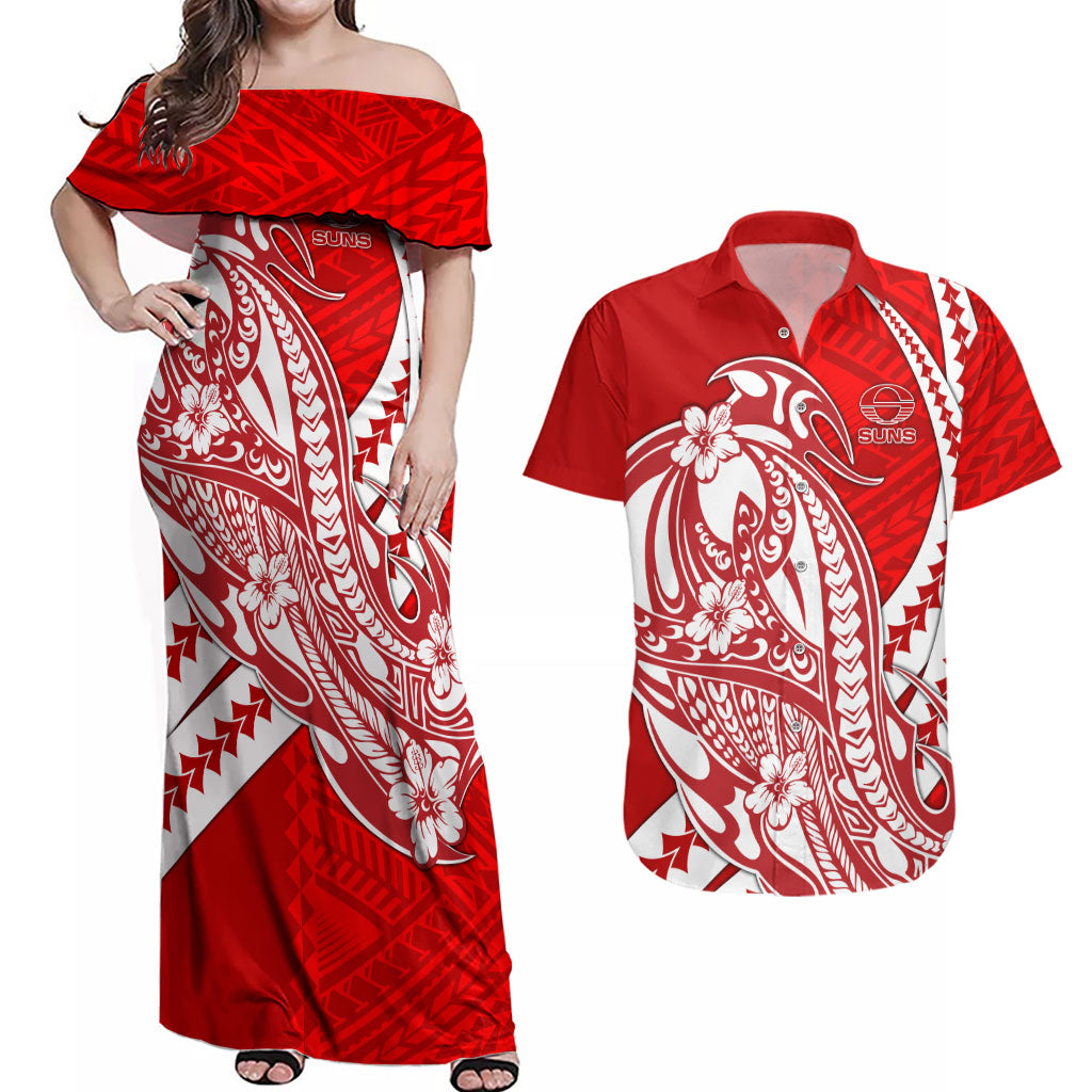 Personalized Gold Coast Suns Couples Matching Off Shoulder Maxi Dress and Hawaiian Shirt Polynesian Tribal Sun Mascot With Hibiscus Floral Art
