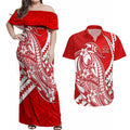 Personalized Gold Coast Suns Couples Matching Off Shoulder Maxi Dress and Hawaiian Shirt Polynesian Tribal Sun Mascot With Hibiscus Floral Art