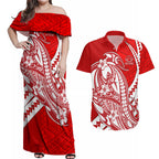 Personalized Gold Coast Suns Couples Matching Off Shoulder Maxi Dress and Hawaiian Shirt Polynesian Tribal Sun Mascot With Hibiscus Floral Art