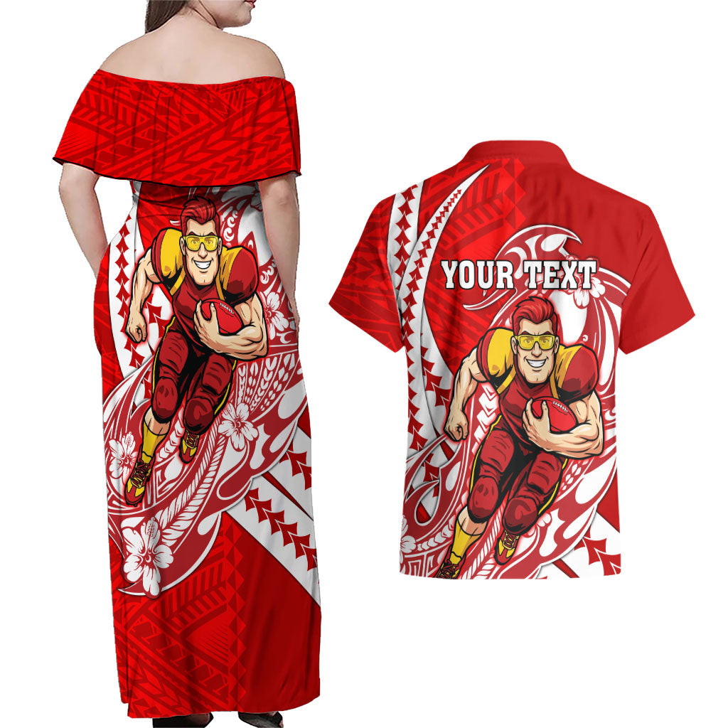 Personalized Gold Coast Suns Couples Matching Off Shoulder Maxi Dress and Hawaiian Shirt Polynesian Tribal Sun Mascot With Hibiscus Floral Art