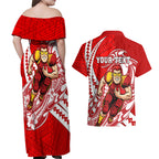 Personalized Gold Coast Suns Couples Matching Off Shoulder Maxi Dress and Hawaiian Shirt Polynesian Tribal Sun Mascot With Hibiscus Floral Art