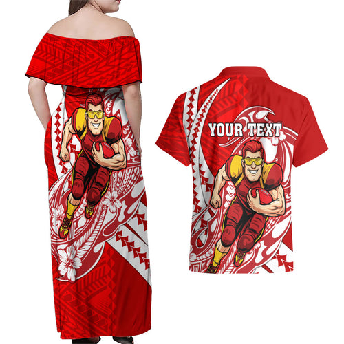 Personalized Gold Coast Suns Couples Matching Off Shoulder Maxi Dress and Hawaiian Shirt Polynesian Tribal Sun Mascot With Hibiscus Floral Art