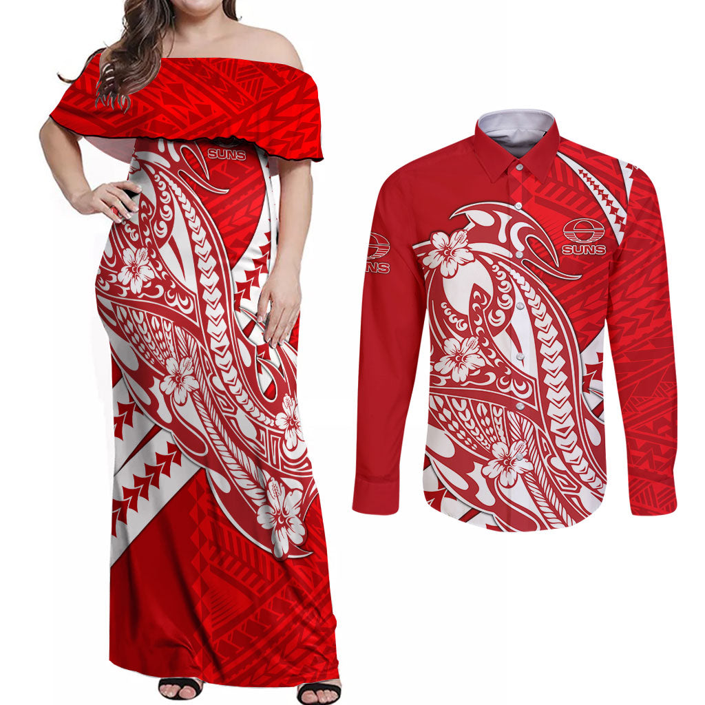 Personalized Gold Coast Suns Couples Matching Off Shoulder Maxi Dress and Long Sleeve Button Shirt Polynesian Tribal Sun Mascot With Hibiscus Floral Art