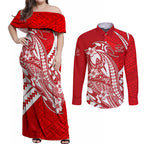 Personalized Gold Coast Suns Couples Matching Off Shoulder Maxi Dress and Long Sleeve Button Shirt Polynesian Tribal Sun Mascot With Hibiscus Floral Art